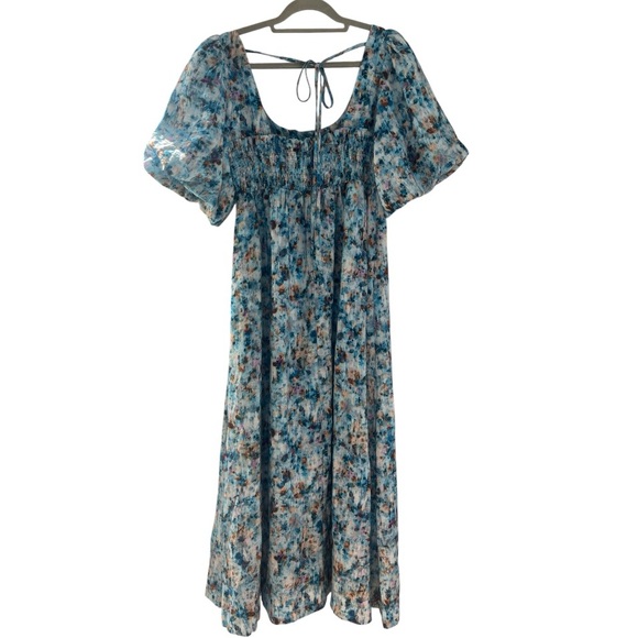 By Anthropologie Floral Dress Milkmaid Watercolor Blue Midi Size XXS - Picture 6 of 12
